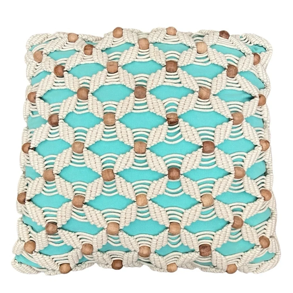 Set of 2 Teal Turquoise Rope and Wooden Beads Pillows.